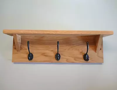 Rustic Solid Oak Coat Rack Kitchen Storage With Shelf 3 Hooks • £29.50