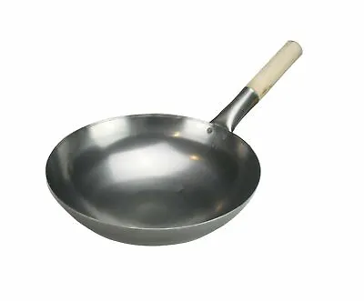 Carbon Steel Wok Chinese Cooking Wooden Handle Stir Fry Pan Catering Flat Base • £16.99