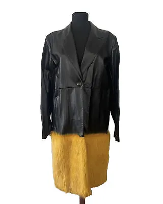NEW ZARA Faux Black Leather Coat Jacket Faux Yellow Fur Trim Oversized Small • $85.87