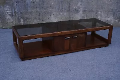 Mid Century Modern Smoke Glass Ash & Walnut Long Coffee Table - 61  • $549.99