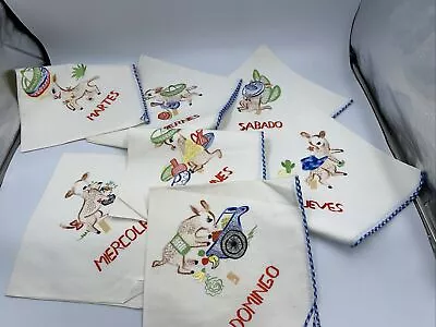 Vintage Lot 7 Embroidered Dish Towels  Days Of The Week In Spanish • $35