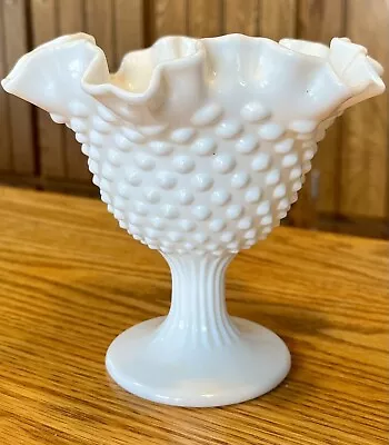 Fenton White Milk Glass Hobnail Pedestal Candy Bowl Dish Compote Crimped Edge • $12