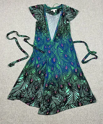 MATTHEW WILLIAMSON H&M PEACOCK PRINT WRAP DRESS Sz S Blue Green Jersey Stretch • $34.99