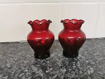 Stunning Pair Of CRANBERRY VASES With MAKERS MARK Vintage ANTIQUE Anchor Hocking • £7.13