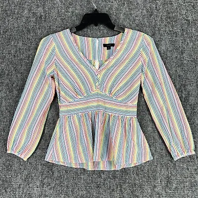 J Crew Shirt Womens 0 V-neck Peplum Rainbow Seersucker Piping Cotton Blouse • $18.37