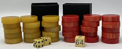 Vintage Backgammon Checkers Chips Red Yellow Swirl Plastic Die Doubling Cube Cup • $249.95