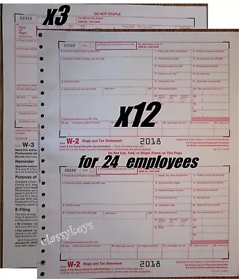 2018 IRS Tax Forms W-2 Wage Stmts 6-pt CARBONLESS 24 Employees + (3)W-3 NO Env • $16.98