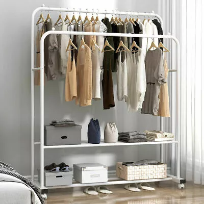 Heavy Duty Double Rods Clothes Hanging Rack Moveable Clothes Rail Stable Base US • $38.96