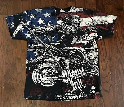 Vintage Y2K Miami Ink All Over Print AOP T Shirt Mens Large Skeleton Flag USA • $15