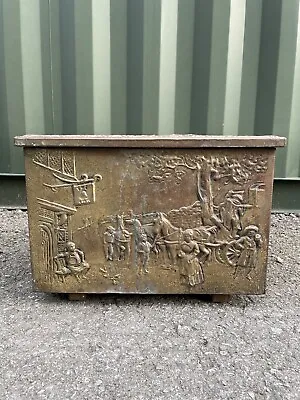 Old Vintage Brass Covered Repouseé￼￼￼ Inn Scene Metal Coal Log Box • £32.99