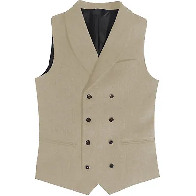 Mens Double-Breasted Vest Groom Retro Vintage Herringbone Waistcoat XS-3XL • $32.98