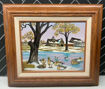 H. HARGROVE Oil Painting On Canvas - 16x12 In Barn Art W Duck Pond Americana • $29.99