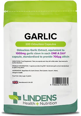 Garlic 1000mg - 200 Odourless Capsules - [Lindens 1561] • £6.10