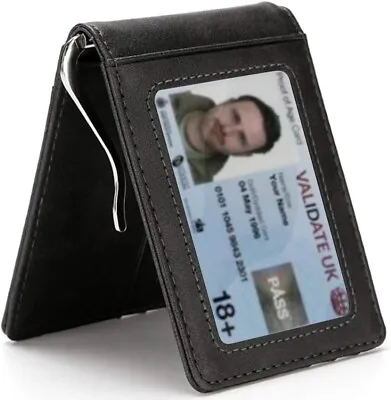 Men's Genuine Leather Wallet Slim Card Holder RFID Blocking ID Credit Money Clip • £14.99