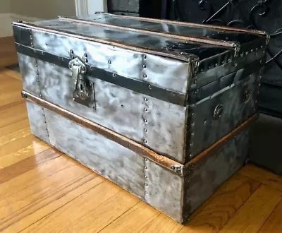 1800's Flat Top Steamer Trunk Antique Vintage Flat Top Trunk Treasure Chest Prop • $295