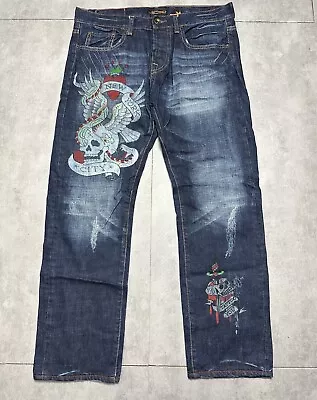 Ed Hardy Denim 2008 Embroidered Baggy Jeans Mens 34x34 Skulls New York Y2k • $85