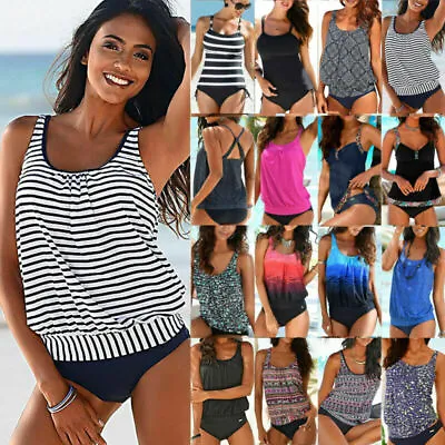 Women Stiped Beach Tankini Bikini Set Swimsuit Padded Blouson Swimwear Beachwear • £9.34