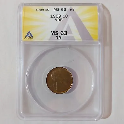 1909 VDB Lincoln Cent ANACS MS 63 RB - Victor David Brenner • $59