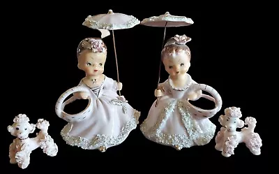 Ucagco Japan Figurines Kitsch  Girls Umbrella/Parasol  Poodles  Pink Lot Of 4 • $49