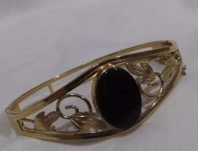 Beautiful Vintage Van Dell 14KGF Bracelet-Hinged Bangle-Onyx-Leaves-Safety Chain • $59