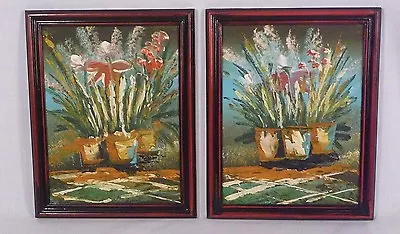 Pr Vintage Mid Century Modernist Floral Oil Paintings Stylized Orchids • $46