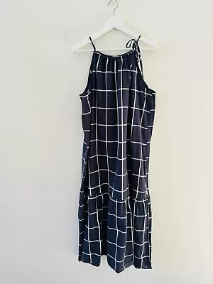Sussan Cotton Maxi Dress Size 14 Navy White Check Tiered Lined Spaghetti Strap • $39.95
