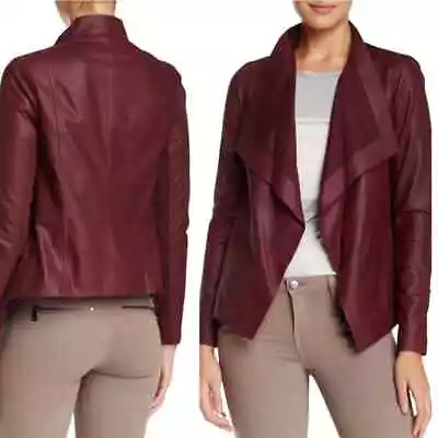 Vince Women's Goat Leather Draped Open Front Jacket Burgundy Size XS • $275