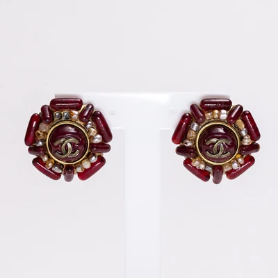 $1899 • Buy CHANEL Vintage Women Gripoix Clip-On Earrings CC Logo Pearls Studs Jewellery