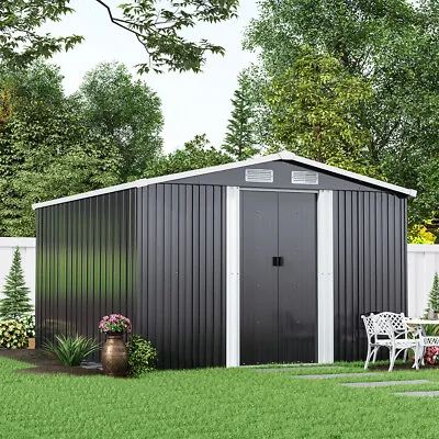 10FT X 9FT Outdoor Storage Garden Shed 2 Sliding Door Galvanised Metal With Base • £419.95