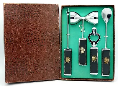 Vintage Bar Tool Set Soldier Emblem Leather Handles MCM 4 Piece Japan In Box • $62.95