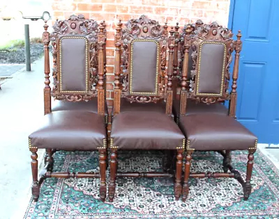 Set Of 6 French Antique Louis XVI Oak Upholstered Ostrich Vinyl Dining Chairs • $3200