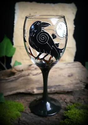 Hand Decorated Witches Glass Chalice With Raven And Moon Wicca Pagan Altar Crow • £21.95