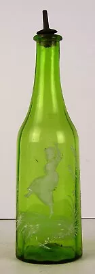 ORIGINAL 1890s MARY GREGORY STYLE GREEN GLASS BARBER BOTTLE HAIR TONIC BOTTLE • $62