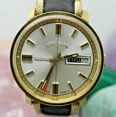 Vintage Original Lord Elgin Day/Date Gold Tone Aquamaster Wrist Watch Running • $129.99