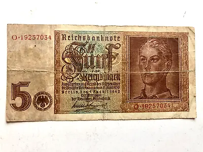 1942 Germany Aryan Teen 5 Reichsmark  5 Mark  Banknote 8 Digit O 19257034 • $8