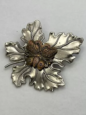 SYLVIA DAHL Vintage CLIP Brooch Silver Tone Leaf Copper Butterfly 3  X  2 1/2  • $18