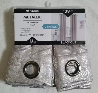 At Home Metallic Gray Grommet Top Blackout Curtains 2 Panels 38x63in Each • $14.99