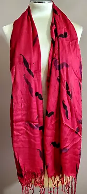 Mustache Print Scarf Wrap Deep Red Black Oblong 69  X 25.5  Lightweight Fringe • $11.04