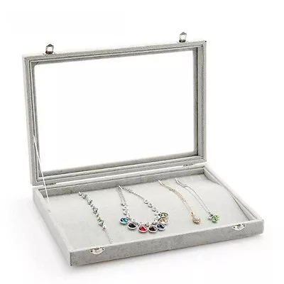 20 Hooks Necklace Organizer Velvet Glass Jewelry Box Display Case 13.78 Length • $21.99