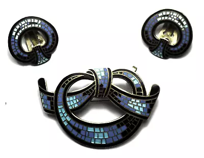 Margot De Taxco Sterling Blue Enamel Modernist Brooch Pin 60mm & Earrings 26mm • $1499.99