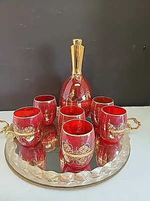 Murano  Ruby Red Glass Decanter Set With 6 Wine Glasses Tumblers Tray Signed • $125