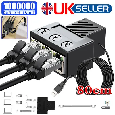 80CM RJ45 Splitter Adapter LAN Network Ethernet Cable 1to3 Way Connector Cable • £9.69