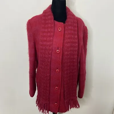 Vintage Donegal Design Woman L Mohair Wool Irish Jacket Red /w Scarf Ireland • $69