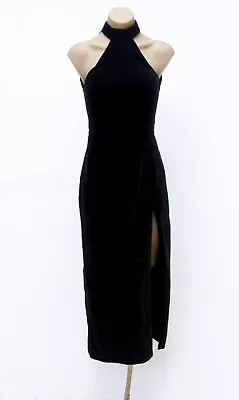 VINTAGE 80s 90s Black Velvet Choker Cut-out Long Split Bodycon Midi Dress XXS-XS • $45.04