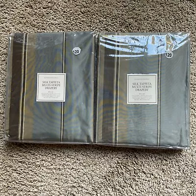 RESTORATION HARDWARE Silk Taffeta Multi-Stripe Drape/2 Panels 50x120 Silver Sage • £241.27