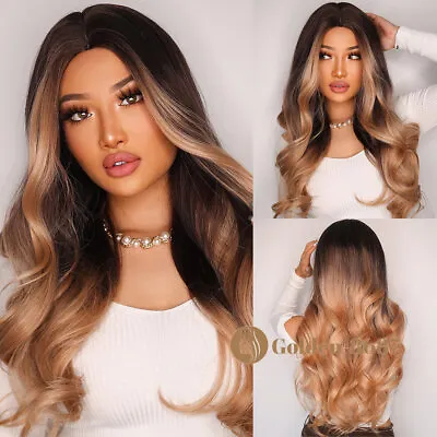 Long Wavy Synthetic Ombre Brown Light Blonde Wigs Fanshion For Women Hair Wig US • $17.29