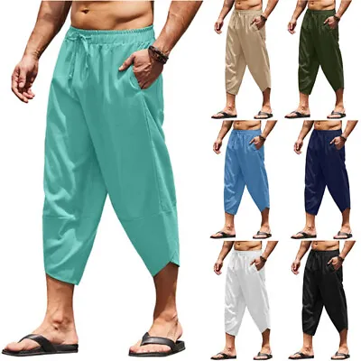 Men Cotton Linen Shorts 3/4 Loose Fit Bermuda Pants Summer Long Casual Short • £8.66