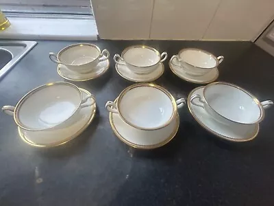 Set Of 6 Minton Bone China Gold Rim T Goode & Co Cream Soup Bowls & Plates • £24