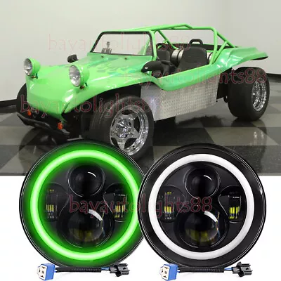 2pcs Fit VW Dune / Rail Buggy 7'' Round LED Headlights Green HALO DRL Hi/Lo Beam • $55.44