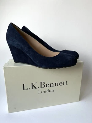 £85 • Buy LK Bennett 39EU 6UK Bayleen Denim Navy Blue Wedge Heel Shoes Split Suede Court